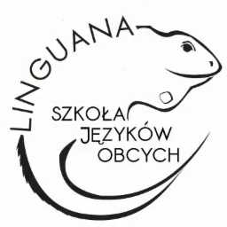 Logo szkoły językowej z sylwetką iguany i napisem LINGUANA oraz Szkoła Języków Obcych