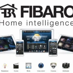 Grafika reklamowa systemu inteligentnego domu Fibaro, prezentująca tablety i smartfony z interfejsem aplikacji do sterowania oświetleniem, temperaturą, scenami, roletami, systemem głosowym...