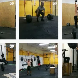 Seria zdjęć z treningu siłowego w siłowni: podnoszenie ciężarów, ćwiczenia na maszynie, martwy ciąg.