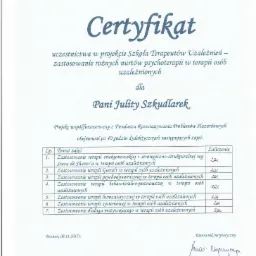 Skan certyfikatu ukończenia projektu Szkoła Terapeutów Uzależnień dla Pani Julity Szkudlarek, potwierdzający uczestnictwo w zajęciach z różnych nurtów psychoterapii w terapii osób uzależnionych,...