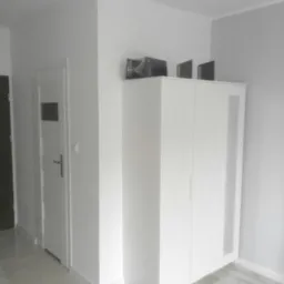 Wnętrze mieszkania po odświeżeniu: białe ściany, podłoga imitująca drewno, biała szafa z lustrem i białe drzwi z szybką, na szafie leżą kartony.