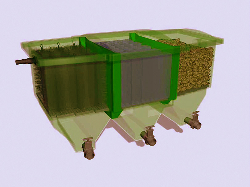 Przekrój przez filtr do oczka wodnego z trzema komorami: z szczotkami, z wkładami filtracyjnymi i z bio-kulami, pokazujący zasadę działania i odpływy z zaworami.