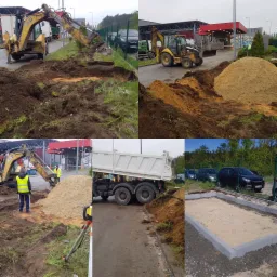 Skompilowane zdjęcia z budowy: wykop ziemi koparką, hałda piasku, ciężarówka wyładowująca materiał i przygotowany teren pod wylewkę z obrzeżami.