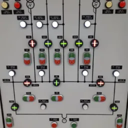 Panel sterowania z licznymi wskaźnikami i lampkami sygnalizacyjnymi, charakterystyczny dla instalacji elektrycznych we Wrocławiu, prezentujący schemat zasilania i zabezpieczeń.