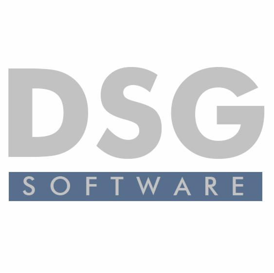 Szare logo firmy DSG Software z nazwą firmy umieszczoną w niebieskim prostokącie.