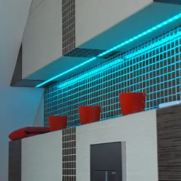 Podświetlona listwa LED w łazience z mozaiką, czerwone kubki i ręcznik na półce.