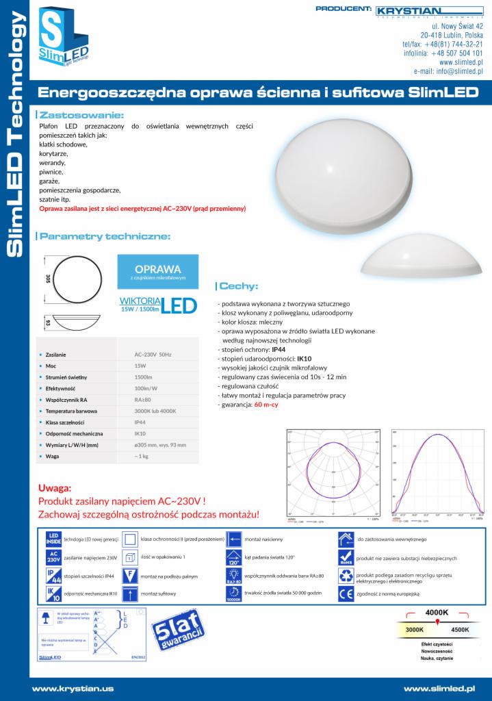 Grafika informacyjna prezentująca energooszczędną oprawę ścienną i sufitową SlimLED Wiktoria, z wyszczególnionymi parametrami technicznymi, cechami produktu, schematami i certyfikatami...