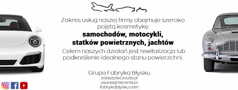 Reklama firmy oferującej kosmetykę samochodową, prezentująca białe Porsche i srebrnego Aston Martina na białym tle z tekstem opisującym zakres usług.