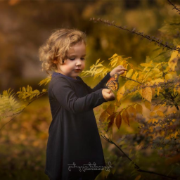 Patrycja Tatarczy Photography - Dziewczynka z kręconymi włosami trzyma motyla monarchę na tle jesiennych liści w ciepłych odcieniach.