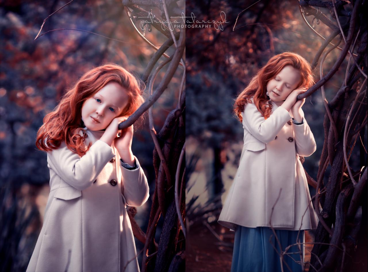Portret dziewczynki o rudych włosach w jasnym płaszczu, opierającej się o gałąź drzewa na tle leśnej scenerii w stonowanych kolorach.