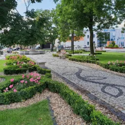 Parkowa aleja wyłożona kostką z dekoracyjnym wzorem, obrzeża z niskich krzewów i różowych kwiatów, w tle fontanna i budynek.