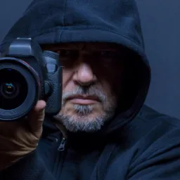Mężczyzna z siwą brodą w czarnej bluzie z kapturem trzyma aparat fotograficzny skierowany obiektywem w stronę widza na ciemnym tle.
