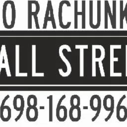 Czarno-białe logo z napisem 'BIURO RACHUNKOWE' nad prostokątną tabliczką z napisem 'WALL STREET' i numerem telefonu poniżej.