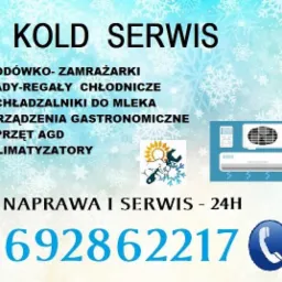 Reklama firmy KOLD Serwis z numerem telefonu, oferującej naprawę i serwis lodówko-zamrażarek, lad chłodniczych, schładzalników do mleka, urządzeń gastronomicznych, sprzętu AGD i klimatyzatorów,...