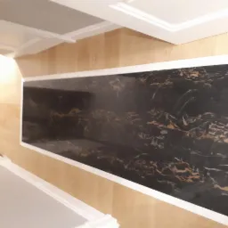 Panel ścienny z czarnego marmuru z białymi żyłami, zamontowany na jasnej, drewnianej ścianie, z widocznymi listwami przypodłogowymi i sufitowymi w kolorze białym.