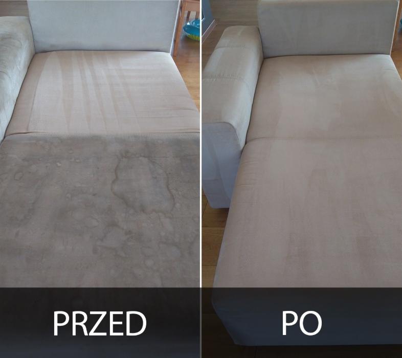 Porównanie: fragment beżowej kanapy przed i po czyszczeniu, widoczne wyraźne plamy usunięte z tapicerki.