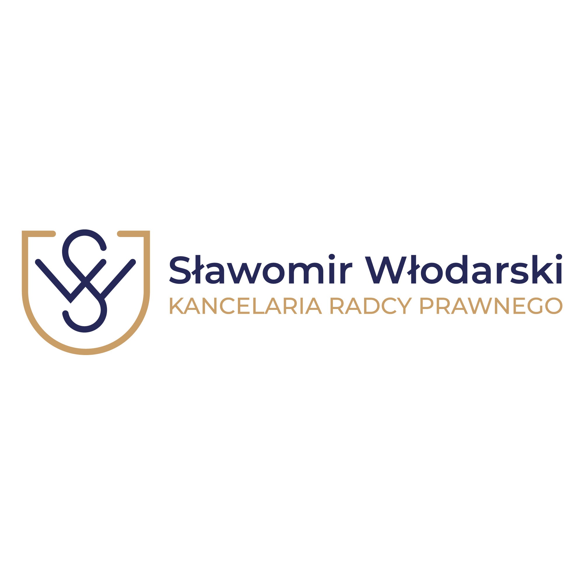 Logo kancelarii radcy prawnego Sławomira Włodarskiego z abstrakcyjnym symbolem w kształcie litery S i W wewnątrz złotego obrysu tarczy.