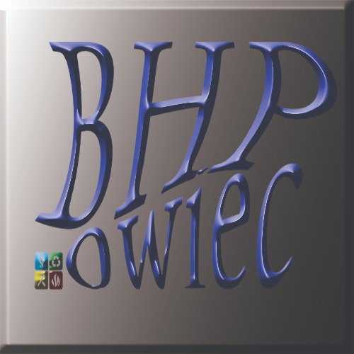 Logo firmy oferującej szkolenia z zakresu bezpieczeństwa i higieny pracy, stylizowane 3D niebieskie litery na szarym tle.