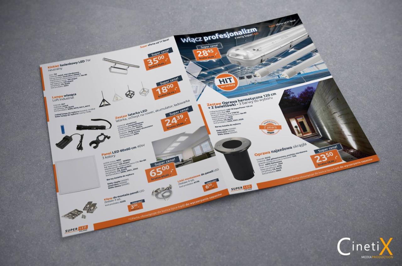 Katalog reklamowy oświetlenia LED, prezentujący kinkiety łazienkowe, lampy wiszące, latarki, panele LED, oprawy hermetyczne i najazdowe, z podanymi cenami i informacją o promocji.