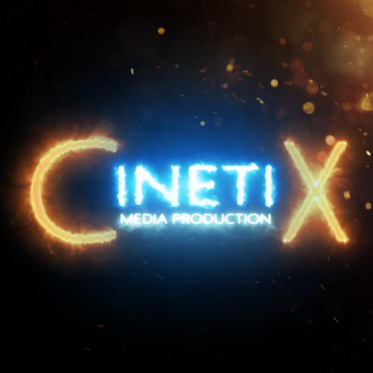Neonowe logo firmy Cinetix Media Production z efektem ognia i iskier na ciemnym tle.