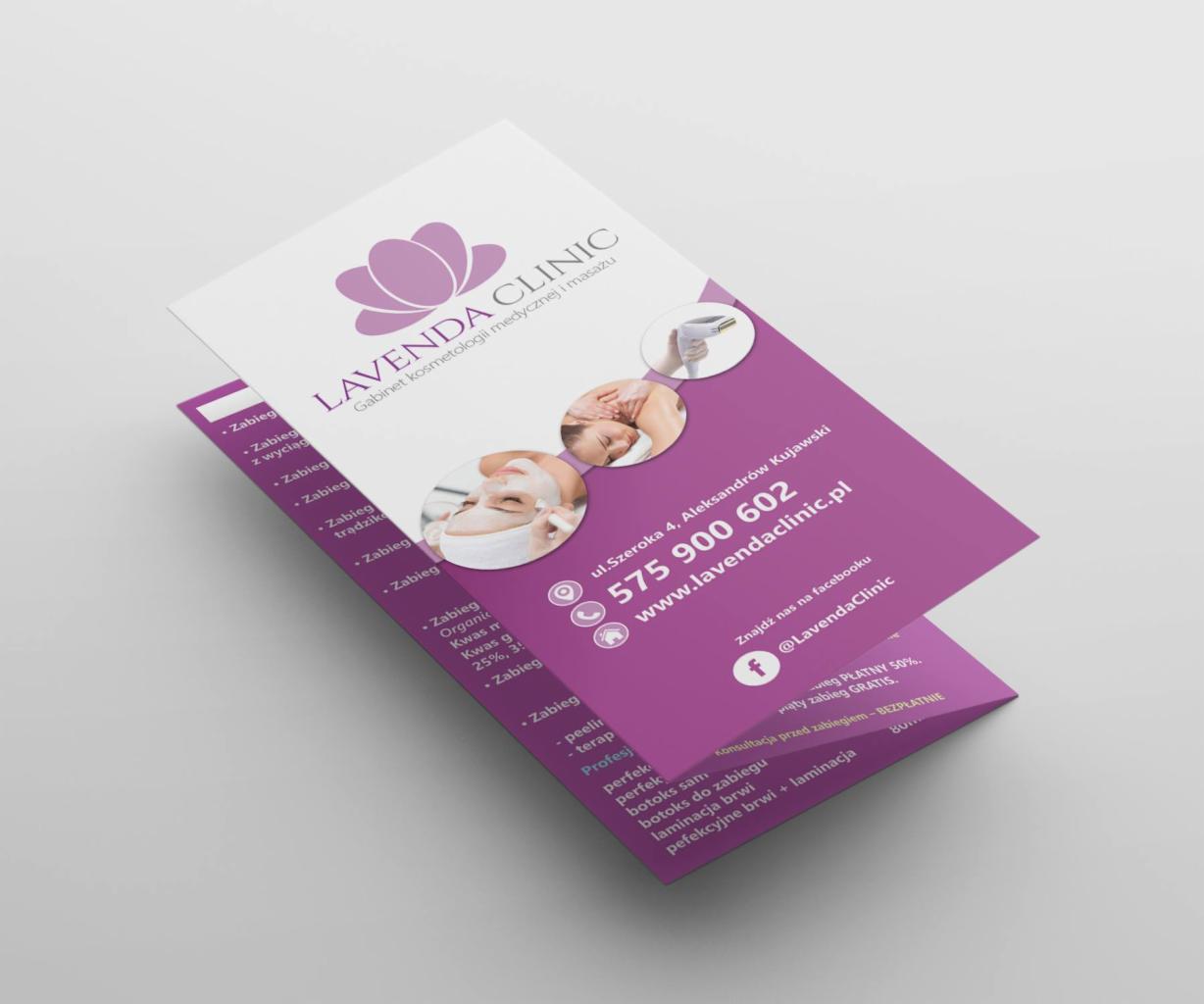 Ulotka reklamowa gabinetu kosmetycznego Lavenda Clinic z fioletowym motywem, prezentująca ofertę zabiegów i dane kontaktowe.