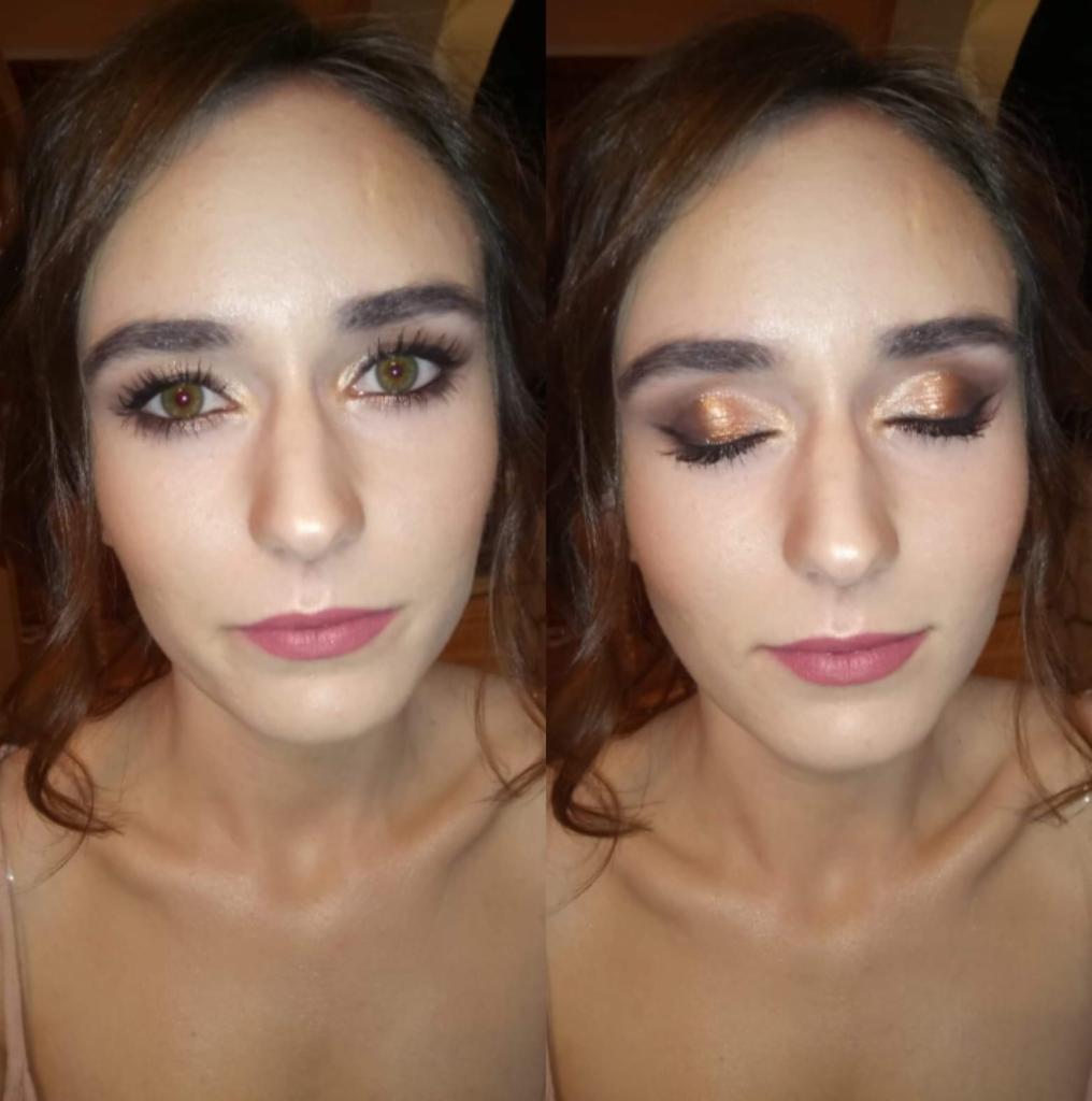 Portret kobiety z brązowo-złotym makijażem oczu, jedno oko otwarte, drugie zamknięte, ukazujące efekt przed i po aplikacji.