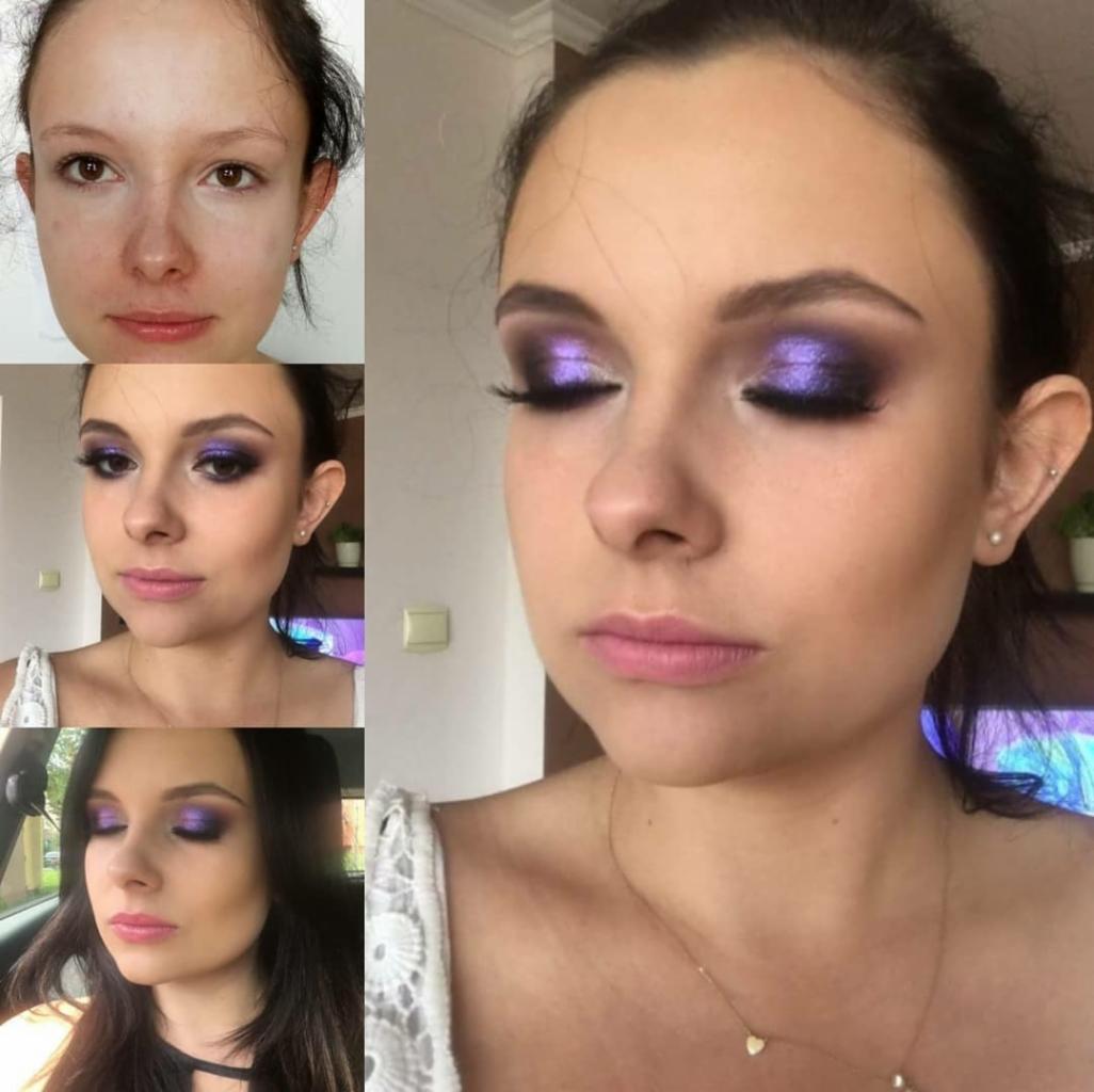 Kolaż prezentujący przemianę: twarz kobiety przed i po wykonaniu wieczorowego, fioletowo-czarnego smokey eye z użyciem sztucznych rzęs oraz konturowania.