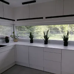 Minimalistyczna, jasna kuchnia z białymi szafkami i blatem, czarną armaturą, trzema doniczkami z sansewieriami na parapecie i widokiem na zieleń za oknem z żaluzjami.