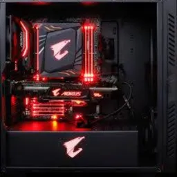 Wnętrze czarnej obudowy komputera stacjonarnego z podświetleniem LED w kolorze czerwonym, eksponujące kartę graficzną AORUS, chłodzenie procesora i pamięć RAM, z widocznym logo AORUS na kilku...