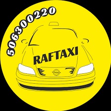 Żółte logo RAFTAXI z numerem telefonu 506300220, przedstawiające schematycznie narysowany przód samochodu osobowego.