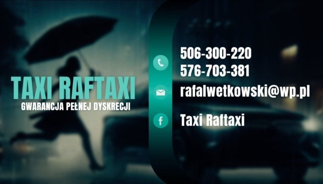 Wizytówka firmy Taxi Raftaxi z sylwetką osoby biegnącej w deszczu pod parasolem, gwarancja pełnej dyskrecji, numer telefonu, adres e-mail i profil na Facebooku.