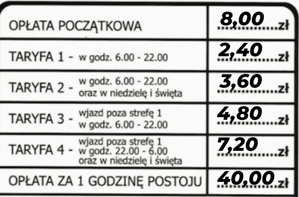 Cennik taryf za przewóz osób, uwzględniający opłatę początkową, taryfy godzinowe w różnych przedziałach czasowych oraz opłatę za godzinę postoju.