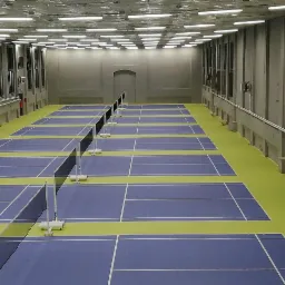 Widok z góry na halę sportową z kilkoma kortami do badmintona, niebieska nawierzchnia, zielone obramowania, siatki na białych stojakach, szare ściany i sufit z rzędami lamp.