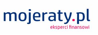 Logo firmy mojeraty.pl, eksperci finansowi, ciemnoniebieski napis na białym tle z czerwoną kropką w domenie.