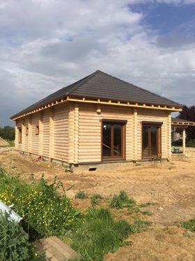 Nowoczesny, parterowy dom z bali w stanie surowym zamkniętym, z ciemnobrązowym dachem i oknami, otoczony niezagospodarowanym terenem z widoczną roślinnością.