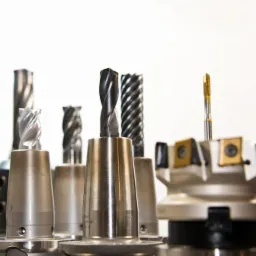 Zestaw frezów i gwintowników do obróbki metalu, różne typy i rozmiary, mocowane w uchwytach, na jasnym tle.