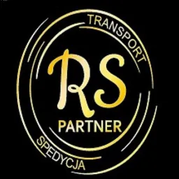 Złote logo firmy transportowej RS Partner na czarnym tle, z napisem 'TRANSPORT SPEDYCJA' w okręgu.