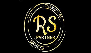 Złote logo firmy transportowej RS Partner na czarnym tle, z napisem 'TRANSPORT SPEDYCJA' w okręgu.
