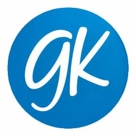 Stylizowane litery 'gk' w białym kolorze na jednolitym, niebieskim tle w kształcie koła. Czysty, nowoczesny projekt.
