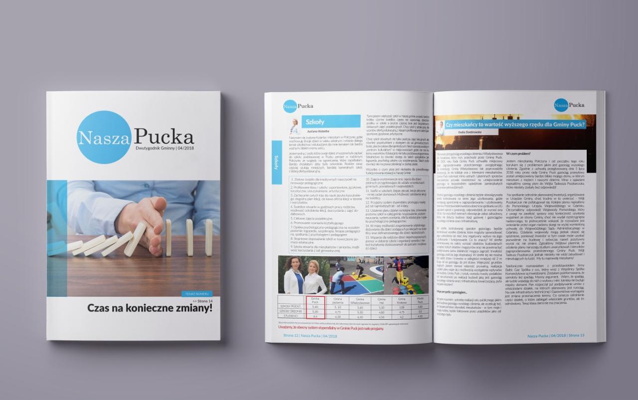 Otwarty dwustronicowy magazyn gminny 'Nasza Pucka' z artykułami o szkołach i gminie, obok zamknięty egzemplarz z ilustracją domin z ręką w tle i hasłem 'Czas na konieczne zmiany!'