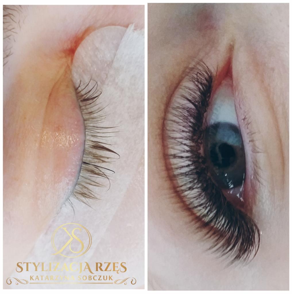 Zbliżenie na oko przed i po zabiegu przedłużania rzęs. Po lewej oko z naturalnymi rzęsami, zabezpieczone białym płatkiem. Po prawej oko z gęstymi, przedłużonymi rzęsami w stylu 'kocie oko'...