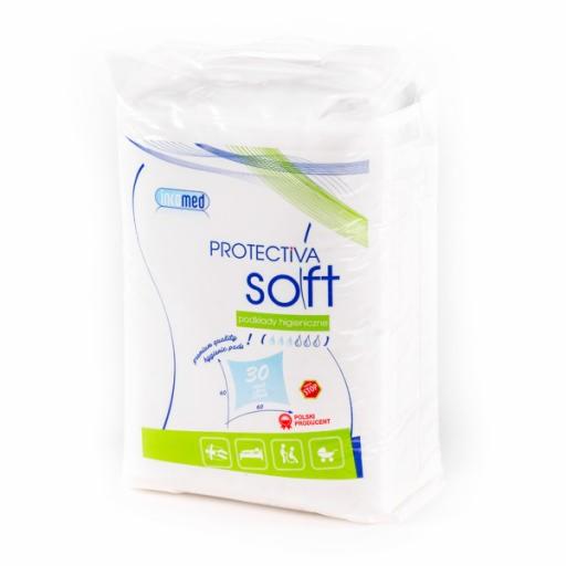 Opakowanie podkładów higienicznych Protectiva Soft z widocznym logo Incomed, oznaczeniem '30 sztuk' oraz ikonami zastosowania: łóżko, wózek inwalidzki, osoba starsza, zwierzę domowe.