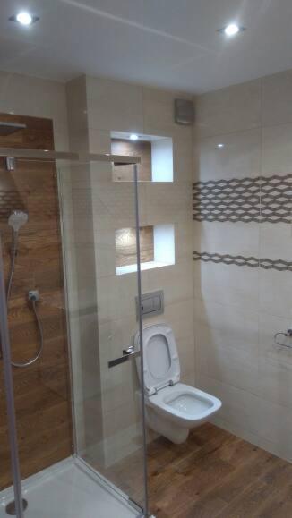 Wykończona łazienka z kabiną prysznicową z drewnopodobnymi płytkami, podwieszaną toaletą z wzorzystym pasem płytek dekoracyjnych i wnękami w ścianie.