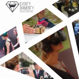 Kompozycja zdjęć: logo firmy eventowej, robot drewniany, osoby w strojach scenicznych, osoba w wirtualnej rzeczywistości, nagrywanie uroczystości telefonem.