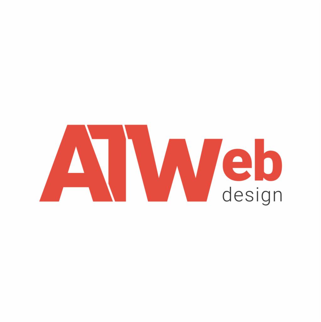 Logo firmy ATWeb design w kolorze czerwonym na białym tle, z napisem 'design' mniejszą czcionką pod słowem 'Web'.