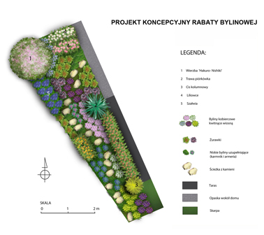 Projekt koncepcyjny rabaty bylinowej z legendą opisującą poszczególne rośliny i elementy, takie jak wierzba 'Hakuro-Nishiki', trawa, lilowce, szałwia, żurawki, ściółka z kamieni, taras, opaska...