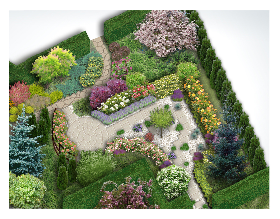 Wizualizacja ogrodu z licznymi rabatami kwiatowymi, ścieżkami z kamienia i równo przyciętymi żywopłotami, prezentująca plan zagospodarowania terenu z perspektywy lotu ptaka.