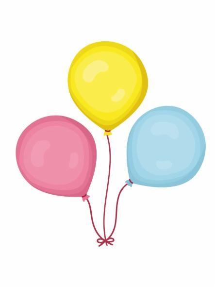 Trzy pastelowe balony: żółty, różowy i błękitny, związane czerwoną wstążką w kokardę, ilustracja wektorowa na białym tle.