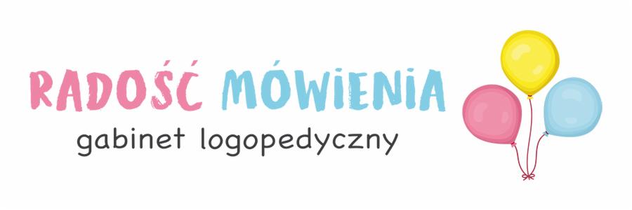 Grafika z napisem 'Radość Mówienia gabinet logopedyczny' w kolorach różowym i błękitnym oraz trzema balonami: żółtym, różowym i niebieskim.