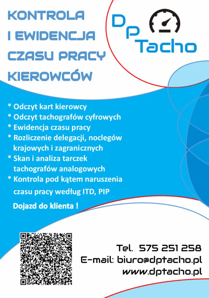 Reklama firmy oferującej kontrolę i ewidencję czasu pracy kierowców, odczyt kart kierowcy i tachografów, rozliczenie delegacji oraz skan i analizę tarczek tachografów analogowych.